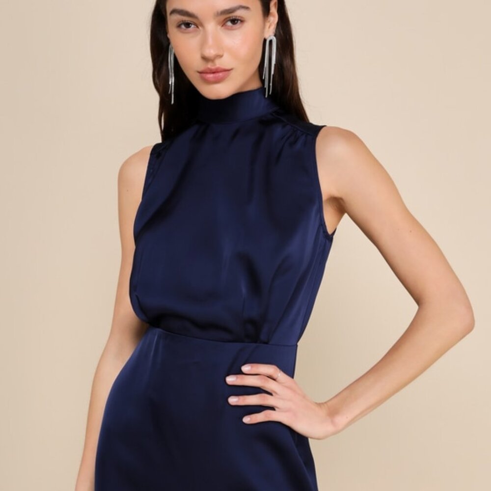 Lulus Classic Elegance Navy Satin Sleeveless Mock Neck Mini Dress Blue - Size XS